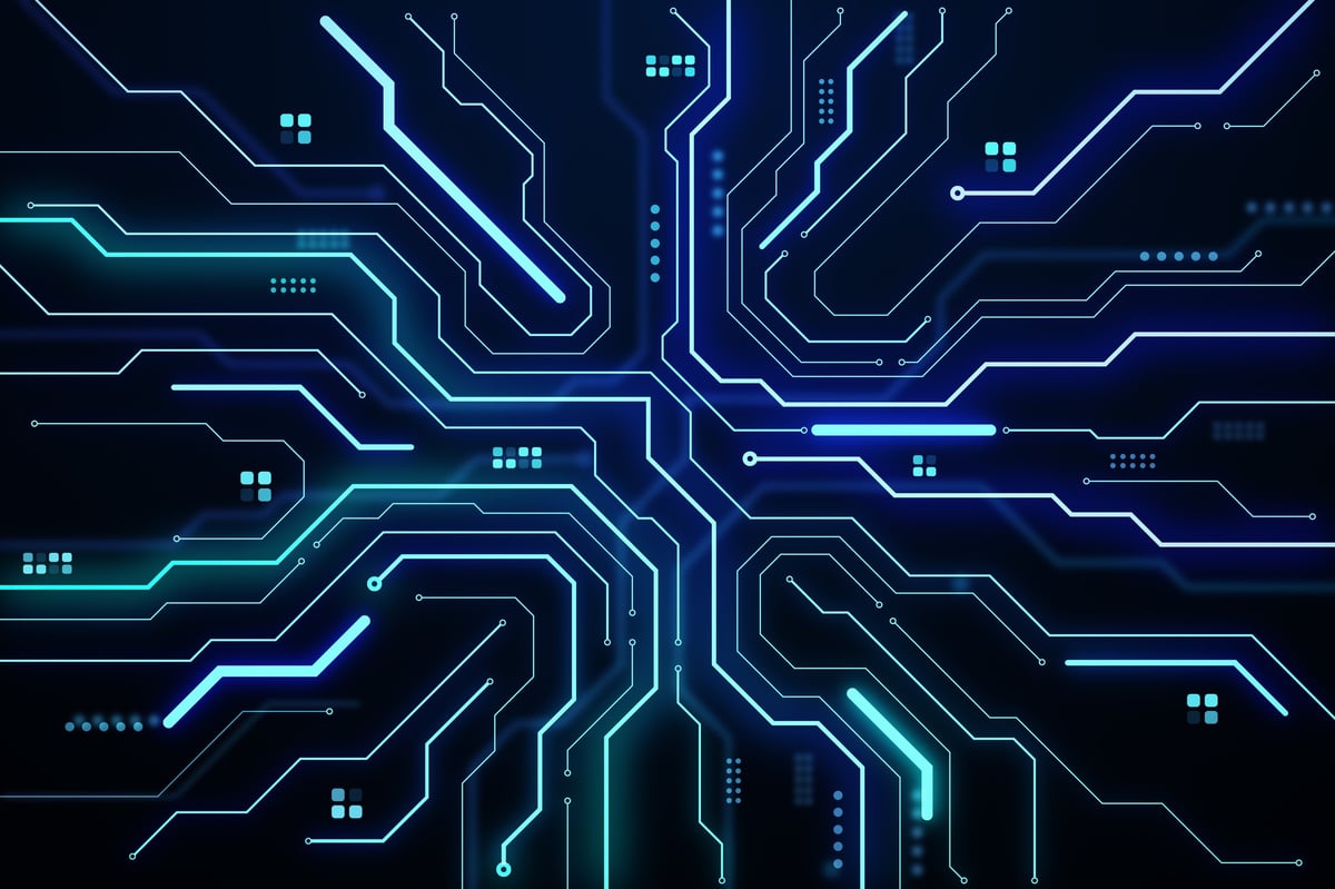 Digital circuit board with neon blue glowing lines on a dark background, 3D Rendering, concept of cyberspace, futuristic technology template