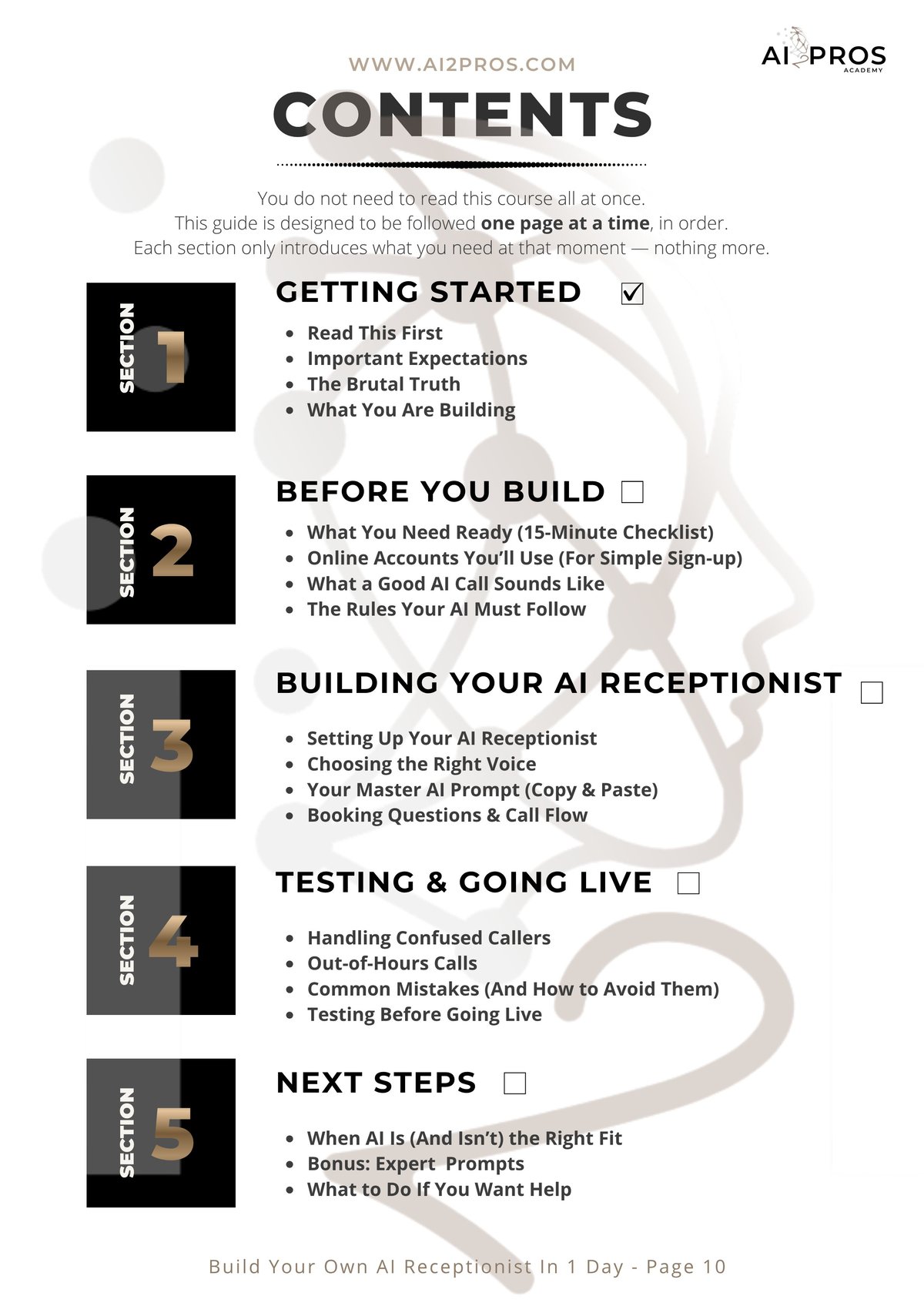 Table of contents for AI2PROS course on building an AI receptionist, organized into 5 sections with checklist items