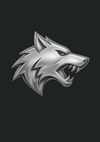 Silver metallic wolf head logo with fierce expression and open mouth on dark background